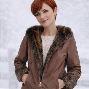 PARKHURST Brown Reversible Jacket Faux Fur/Polyester Hoodie Women Size S/M NWT